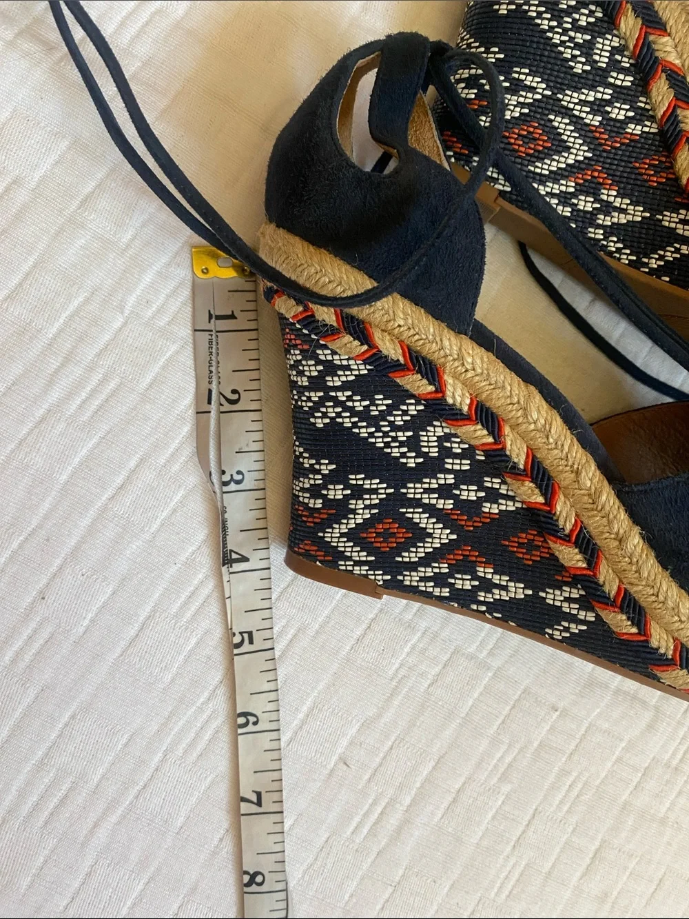 CAbi Navy Suede Lace-Up Wedge Espadrilles with Patterned Jute